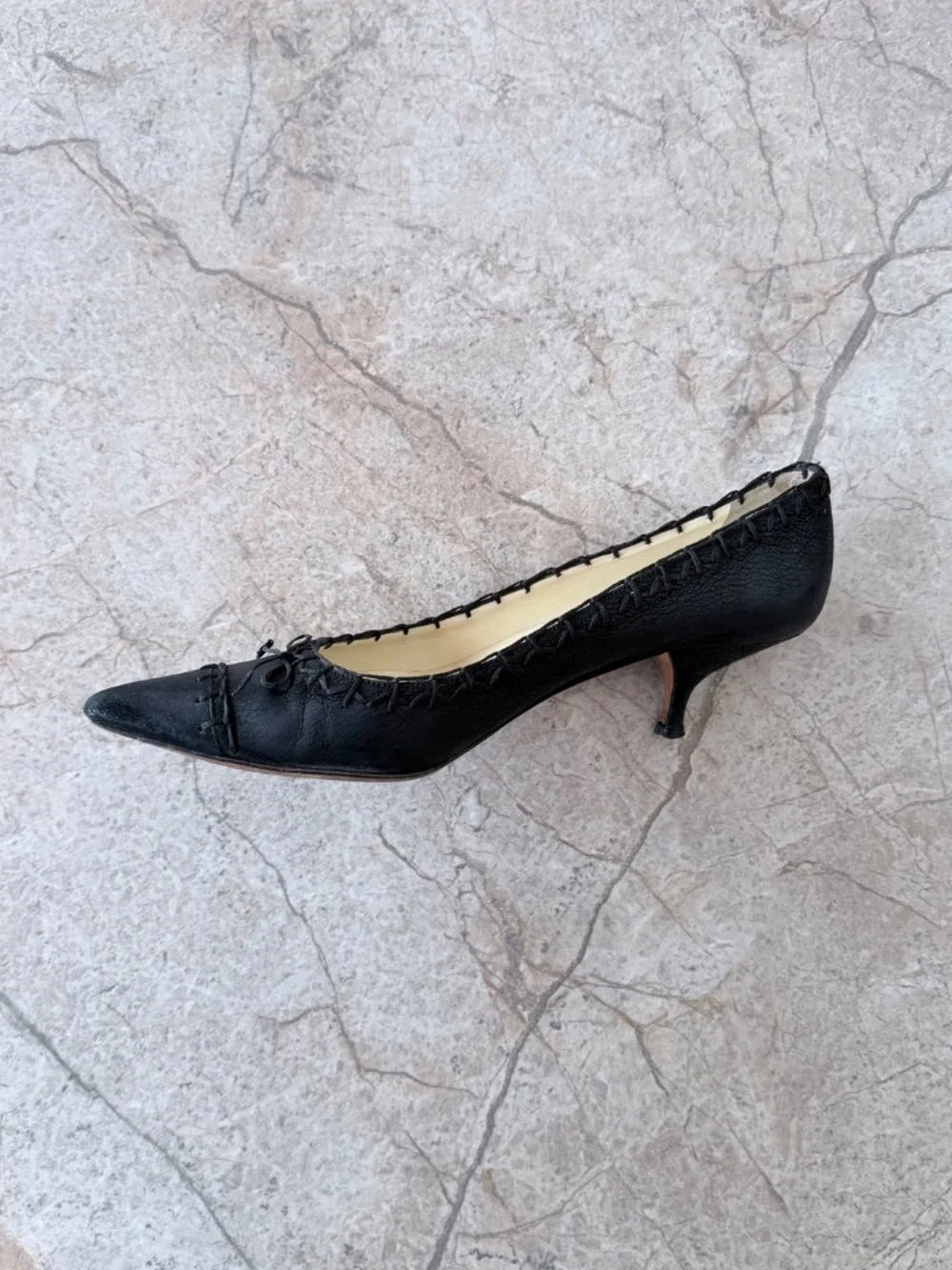 Prada Archival S/S 2003 Black Suede Whipstitch Bow Pointed Toe Kitten Heels